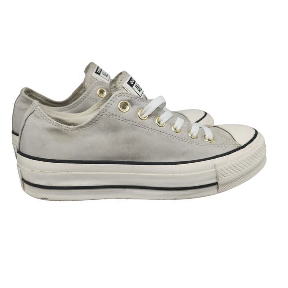 Converse Shoes Womens 8.5 Platform Gray Leather Gold Low Tops Grunge Preppy - Picture 3 of 15